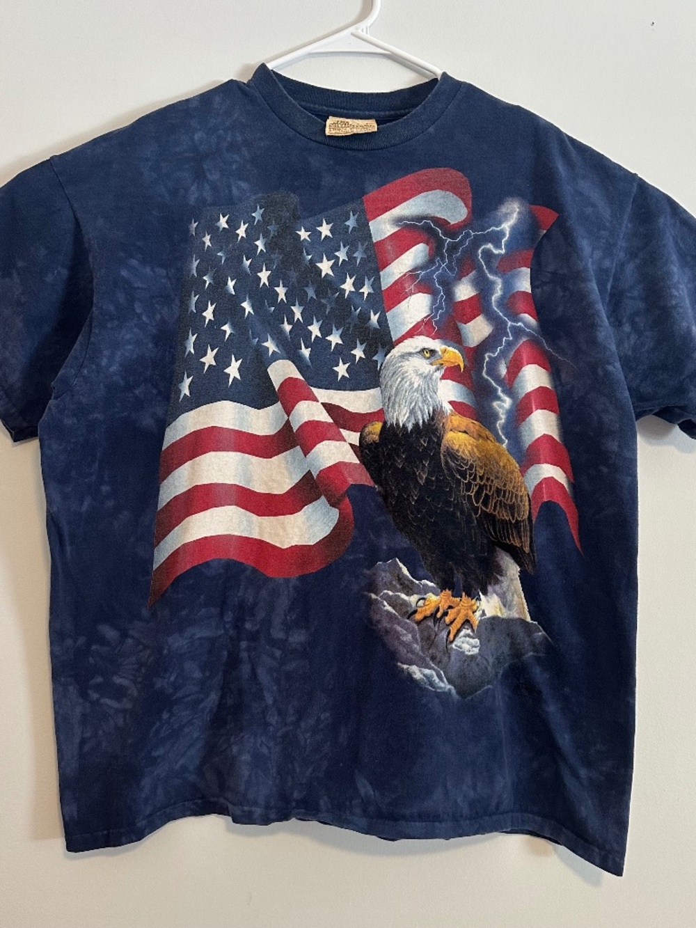The Mountain Bald Eagle American Flag Print T-Shirt XL Blue Y2K Short Sleeve